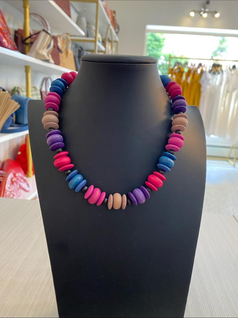 Multicolor Beaded Statement Necklace - Pink, Blue, Purple, Tan - Picture 1 of 4